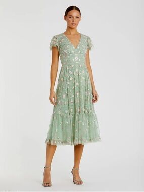 MAC DUGGAL Green Multicolor Embroidered V Neck Midi Dress 10